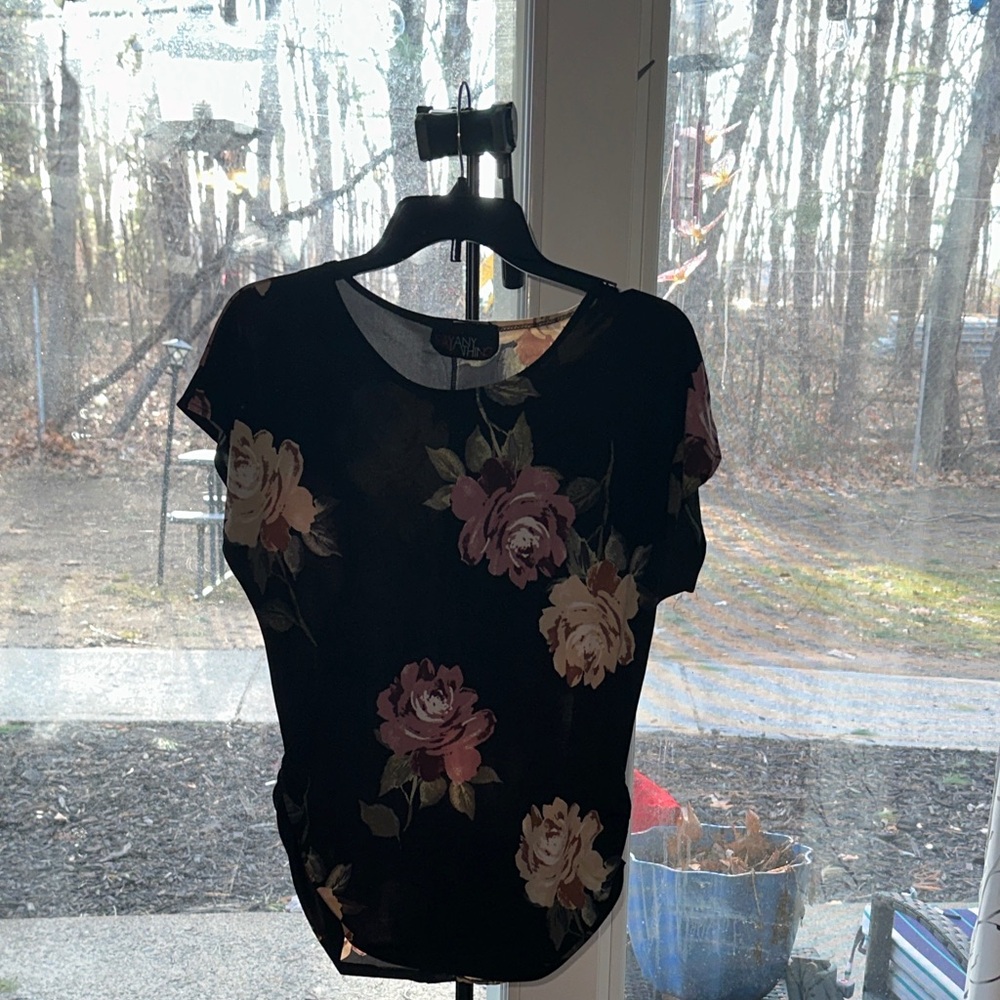 Women's Black Floral Short-Sleeve Tee with Pink and Cream Blooms